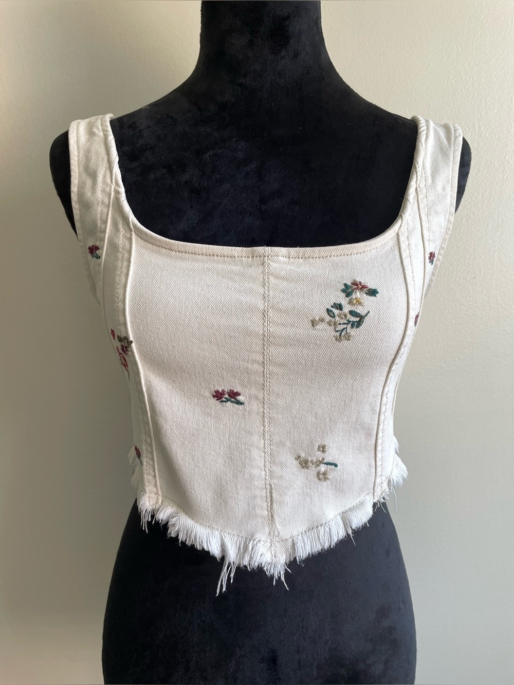 Ban.jara Embroidered Denim Corset Crop Top Ivory Floral Zip Back Size S